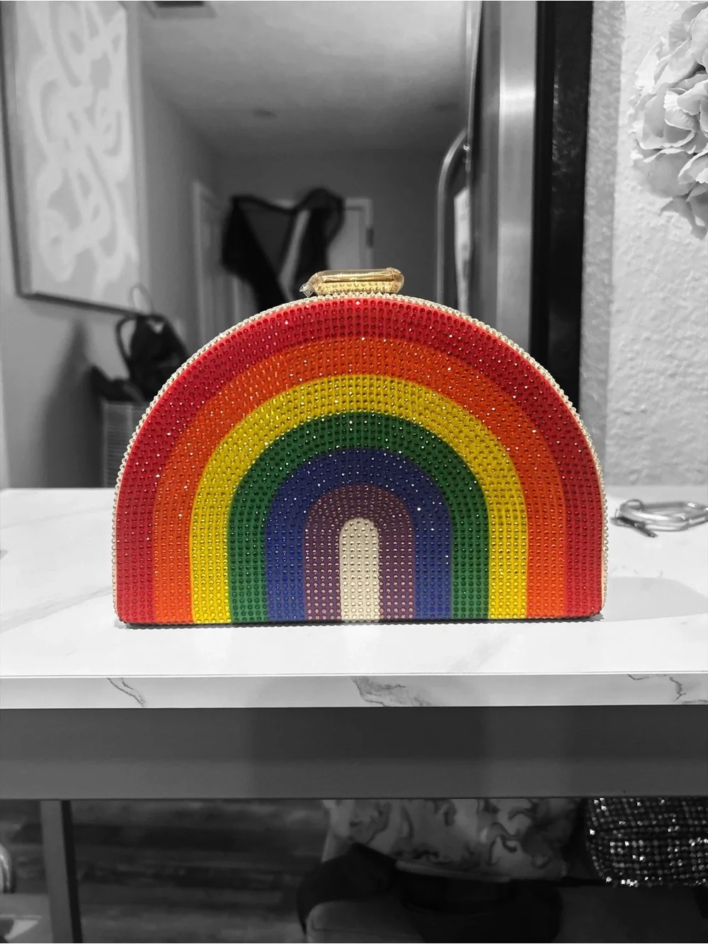 Rainbow Crystal Embellished Half-Moon Clutch - Multicolor